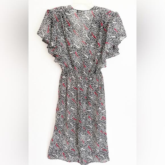 Vintage 1980s Wrap Semi Sheer Funky Cocktail Knee Length Red Black Dress - Picture 2 of 10